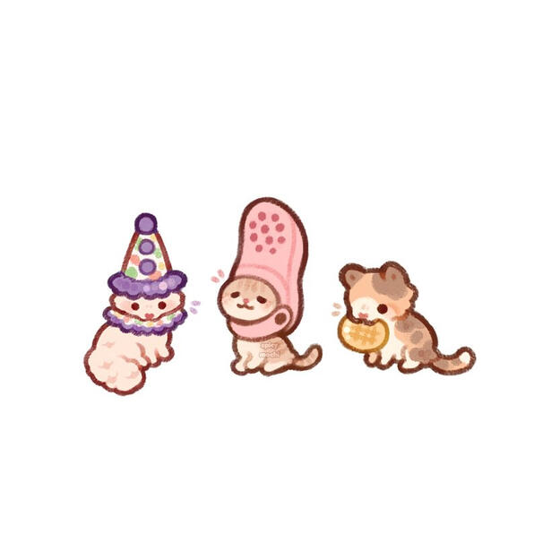 Tiny illustrations of a clown cat, a cat with a croc hat, and a kitty holding a waffle