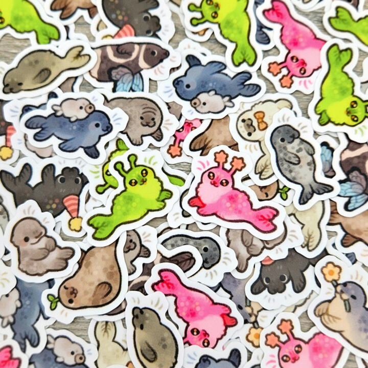 March freebie stickers Picture of a variety of small, colorful animal stickers.