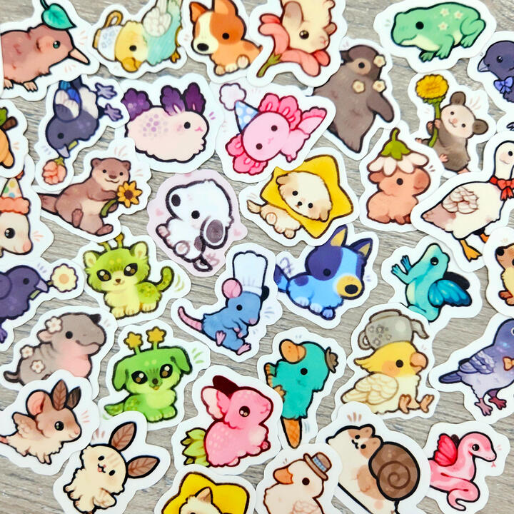 March freebie stickers Picture of a variety of small, colorful animal stickers.