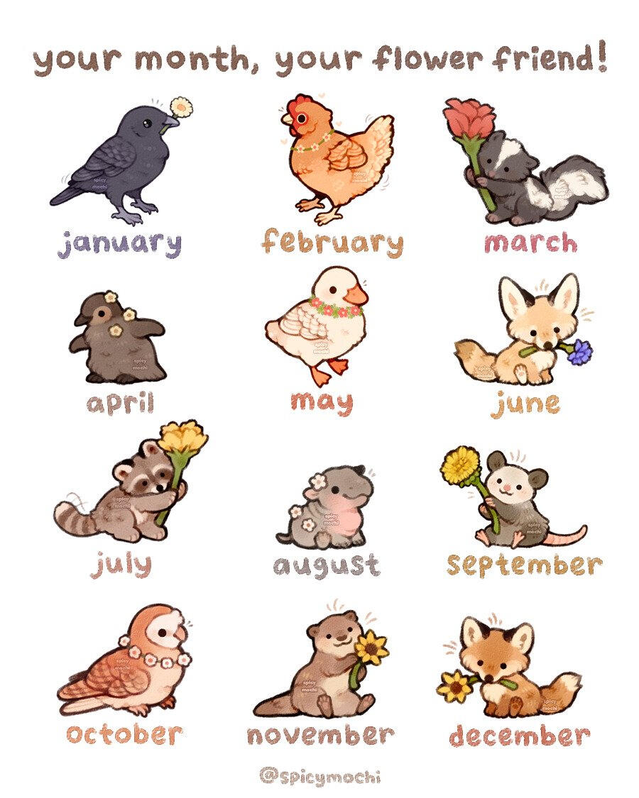 Illustration of twelve flower-themed animals. hiiiii