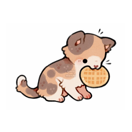 Illustration of a calico cat holding a waffle.